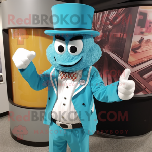 Turquoise Ring Master mascot costume character dressed with a Button-Up Shirt and Bracelets