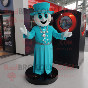 Turquoise Ring Master mascot costume character dressed with a Button-Up Shirt and Bracelets