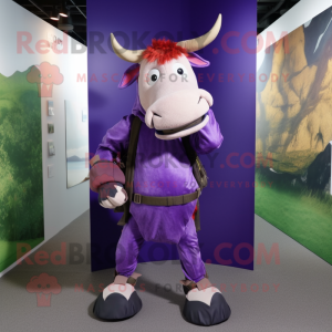 Purple Zebu mascot costume character dressed with a Culottes and Backpacks