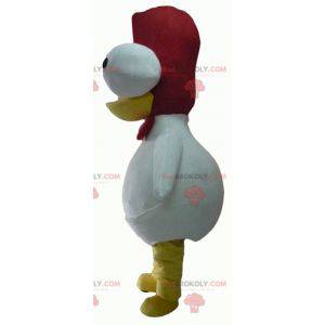 Galo mascote branco e vermelho com olhos protuberantes -