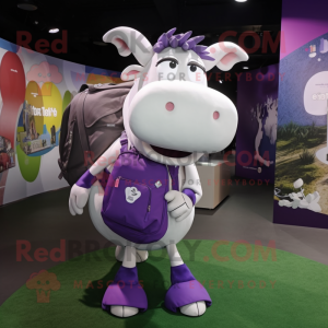 Purple Zebu mascot costume character dressed with a Culottes and Backpacks