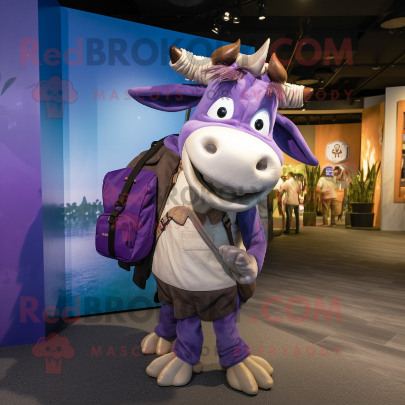 Purple Zebu mascot costume character dressed with a Culottes and Backpacks