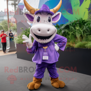 Purple Zebu mascot costume character dressed with a Culottes and Backpacks