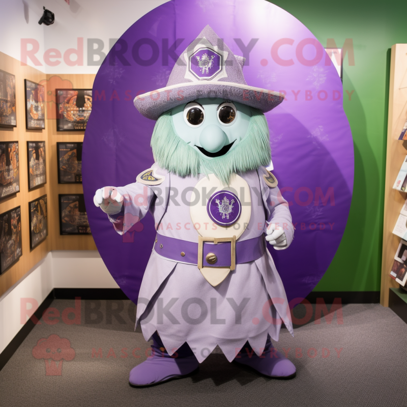Lavender Celtic Shield mascot costume character dressed with a Romper and Hat pins Lavender Celtic Shield mascot costume character dressed with a Romper and Hat pins