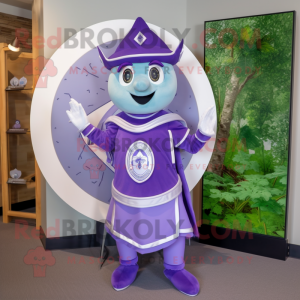 Lavender Celtic Shield mascot costume character dressed with a Romper and Hat pins