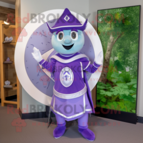Lavender Celtic Shield mascot costume character dressed with a Romper and Hat pins