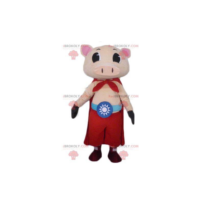Mascota de cerdo rosa con pantalones y una capa. -