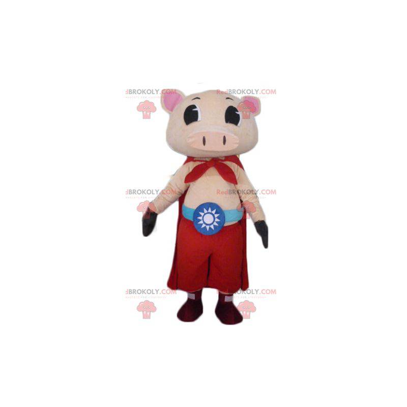 Pink pig mascot with pants and a cape - Redbrokoly.com