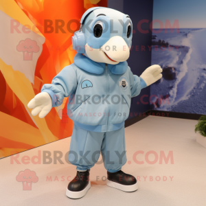 Sky Blue Dolphin mascot costume character dressed with a Bomber Jacket and Foot pads