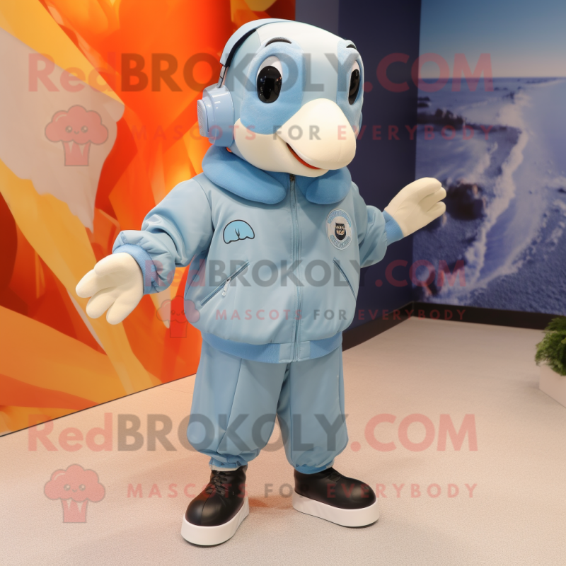 Sky Blue Dolphin mascot costume character dressed with a Bomber Jacket and Foot pads Sky Blue Dolphin mascot costume character dressed with a Bomber Jacket and Foot pads