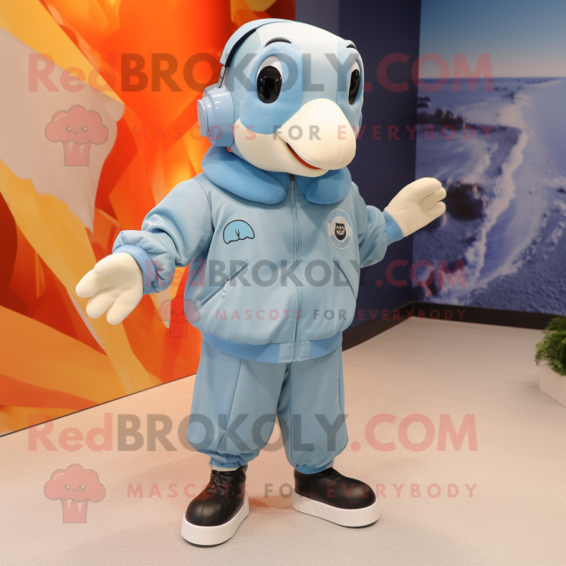 Sky Blue Dolphin mascot costume character dressed with a Bomber Jacket and Foot pads