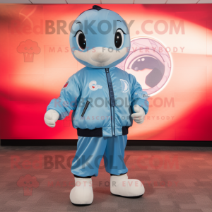 Sky Blue Dolphin mascot costume character dressed with a Bomber Jacket and Foot pads