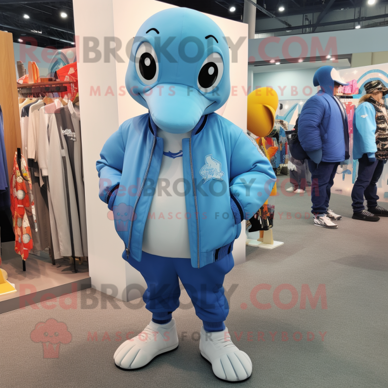 Sky Blue Dolphin mascot costume character dressed with a Bomber Jacket and Foot pads