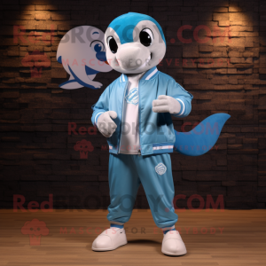 Sky Blue Dolphin mascot costume character dressed with a Bomber Jacket and Foot pads