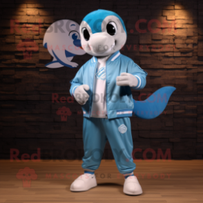 Sky Blue Dolphin mascot costume character dressed with a Bomber Jacket and Foot pads