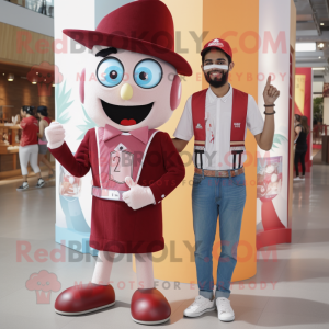 Maroon Stilt Walker mascot costume character dressed with a Boyfriend Jeans and Brooches