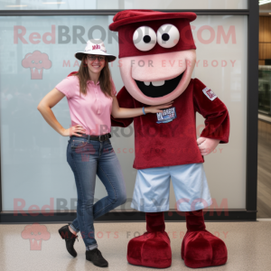 Maroon Stilt Walker mascot costume character dressed with a Boyfriend Jeans and Brooches