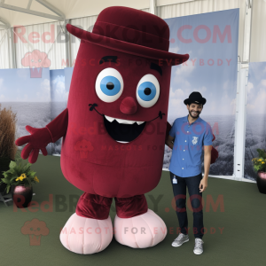 Maroon Stilt Walker mascot costume character dressed with a Boyfriend Jeans and Brooches