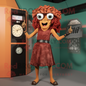 Rust Medusa mascot costume character dressed with a Mini Skirt and Digital watches