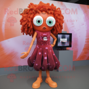 Rust Medusa mascot costume character dressed with a Mini Skirt and Digital watches