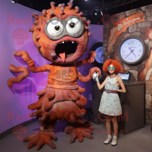 Rust Medusa mascot costume character dressed with a Mini Skirt and Digital watches