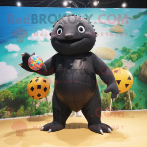 Black Glyptodon mascot costume character dressed with a One-Piece Swimsuit and Keychains