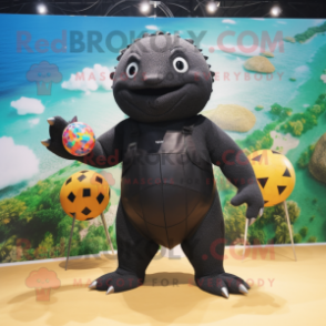 Black Glyptodon mascot costume character dressed with a One-Piece Swimsuit and Keychains