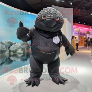 Black Glyptodon mascot costume character dressed with a One-Piece Swimsuit and Keychains