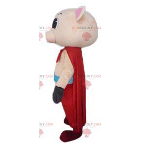Pink pig mascot with pants and a cape - Redbrokoly.com