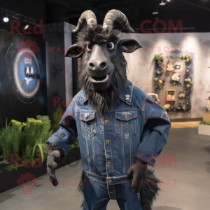 Black Goat mascot costume character dressed with a Denim Shirt and Brooches