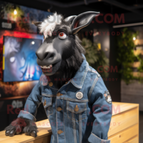 Black Goat mascot costume character dressed with a Denim Shirt and Brooches