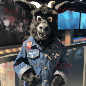 Black Goat mascot costume character dressed with a Denim Shirt and Brooches