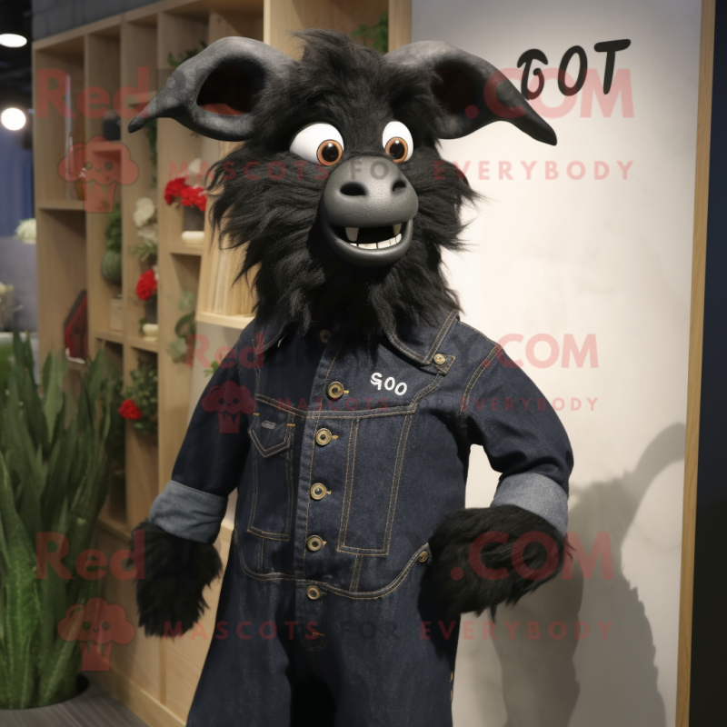Black Goat mascot costume character dressed with a Denim Shirt and Brooches