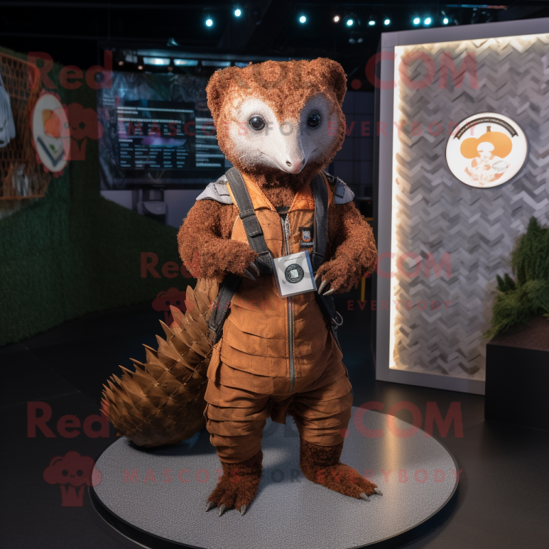 Rust Pangolin mascot costume character dressed with a Dungarees and Keychains Rust Pangolin mascot costume character dressed with a Dungarees and Keychains