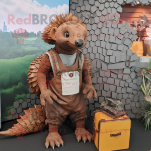 Rust Pangolin mascot costume character dressed with a Dungarees and Keychains