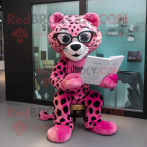 Pink Leopard mascot costume character dressed with a Trousers and Reading glasses