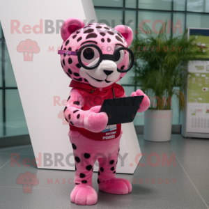 Pink Leopard mascot costume character dressed with a Trousers and Reading glasses