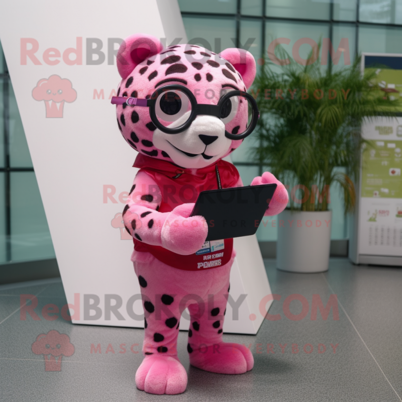 Pink Leopard mascot costume character dressed with a Trousers and Reading glasses Pink Leopard mascot costume character dressed with a Trousers and Reading glasses