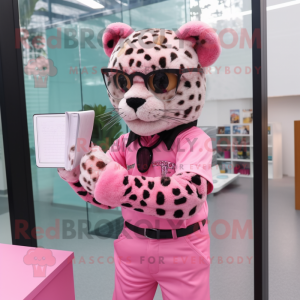 Pink Leopard mascot costume character dressed with a Trousers and Reading glasses