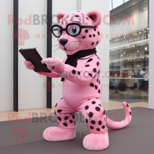 Pink Leopard mascot costume character dressed with a Trousers and Reading glasses