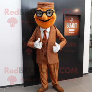 Rust Biryani mascot costume character dressed with a Suit Jacket and Shawl pins