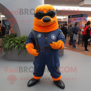 Orange Navy Seal mascot costume character dressed with a Leggings and Rings