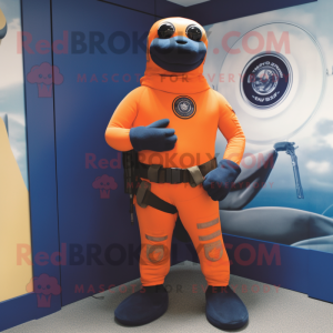 Orange Navy Seal mascot costume character dressed with a Leggings and Rings