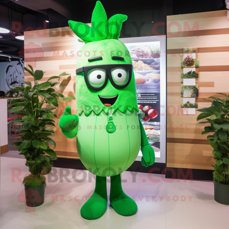 Green Onion mascot costume character dressed with a Bodysuit and Eyeglasses