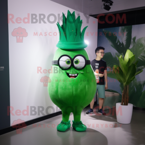 Green Onion mascot costume character dressed with a Bodysuit and Eyeglasses
