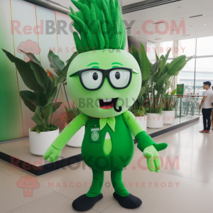 Green Onion mascot costume character dressed with a Bodysuit and Eyeglasses