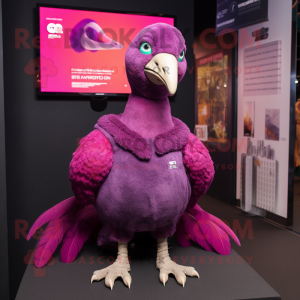 Magenta Guinea Fowl mascot costume character dressed with a V-Neck Tee and Caps