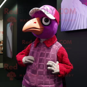 Magenta Guinea Fowl mascot costume character dressed with a V-Neck Tee and Caps