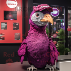 Magenta Guinea Fowl mascot costume character dressed with a V-Neck Tee and Caps