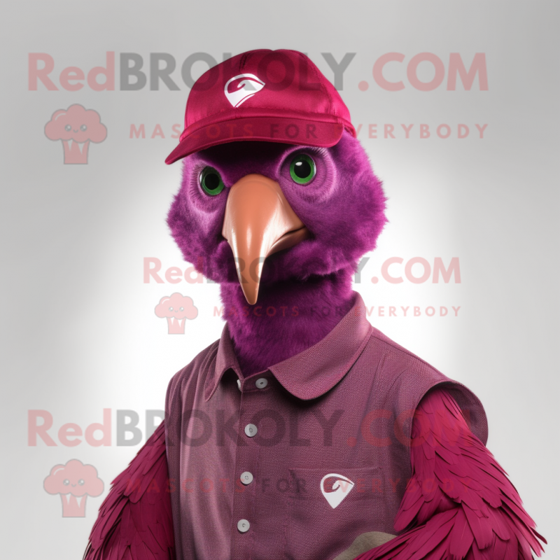 Magenta Guinea Fowl mascot costume character dressed with a V-Neck Tee and Caps Magenta Guinea Fowl mascot costume character dressed with a V-Neck Tee and Caps